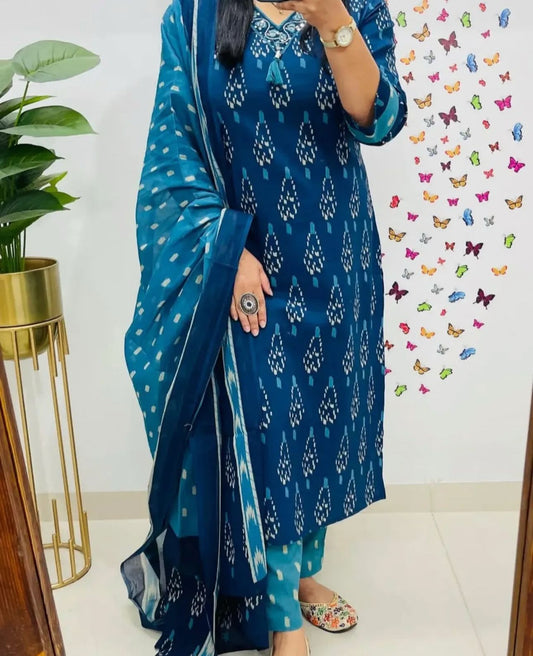 Cotton Printed Suit Set with Embroidered Neckline | 60x60 Cotton