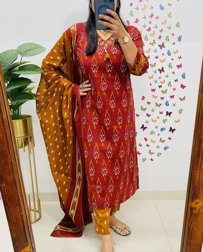 Cotton Printed Suit Set with Embroidered Neckline | 60x60 Cotton