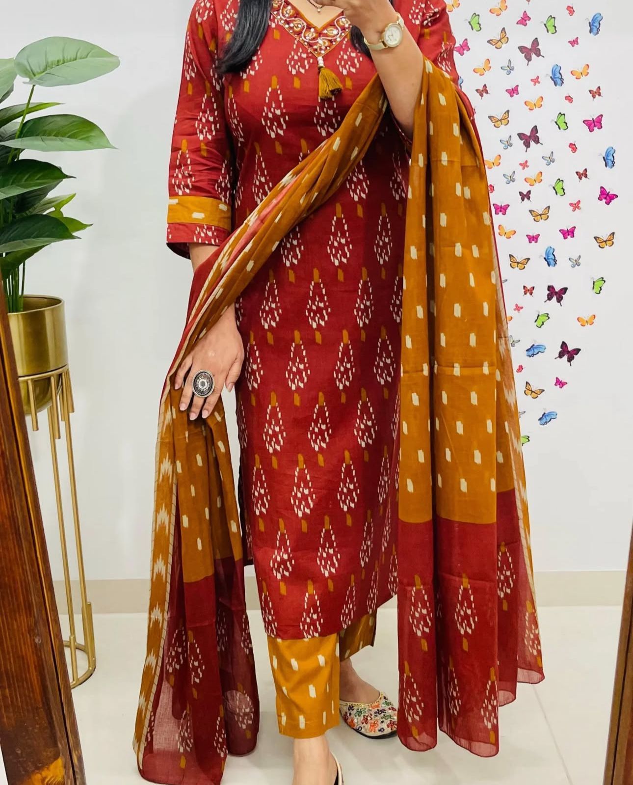 Cotton Printed Suit Set with Embroidered Neckline | 60x60 Cotton