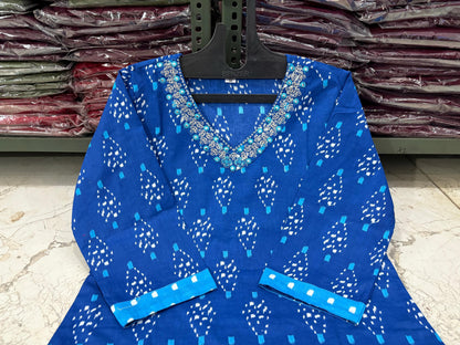 Cotton Printed Suit Set with Embroidered Neckline | 60x60 Cotton