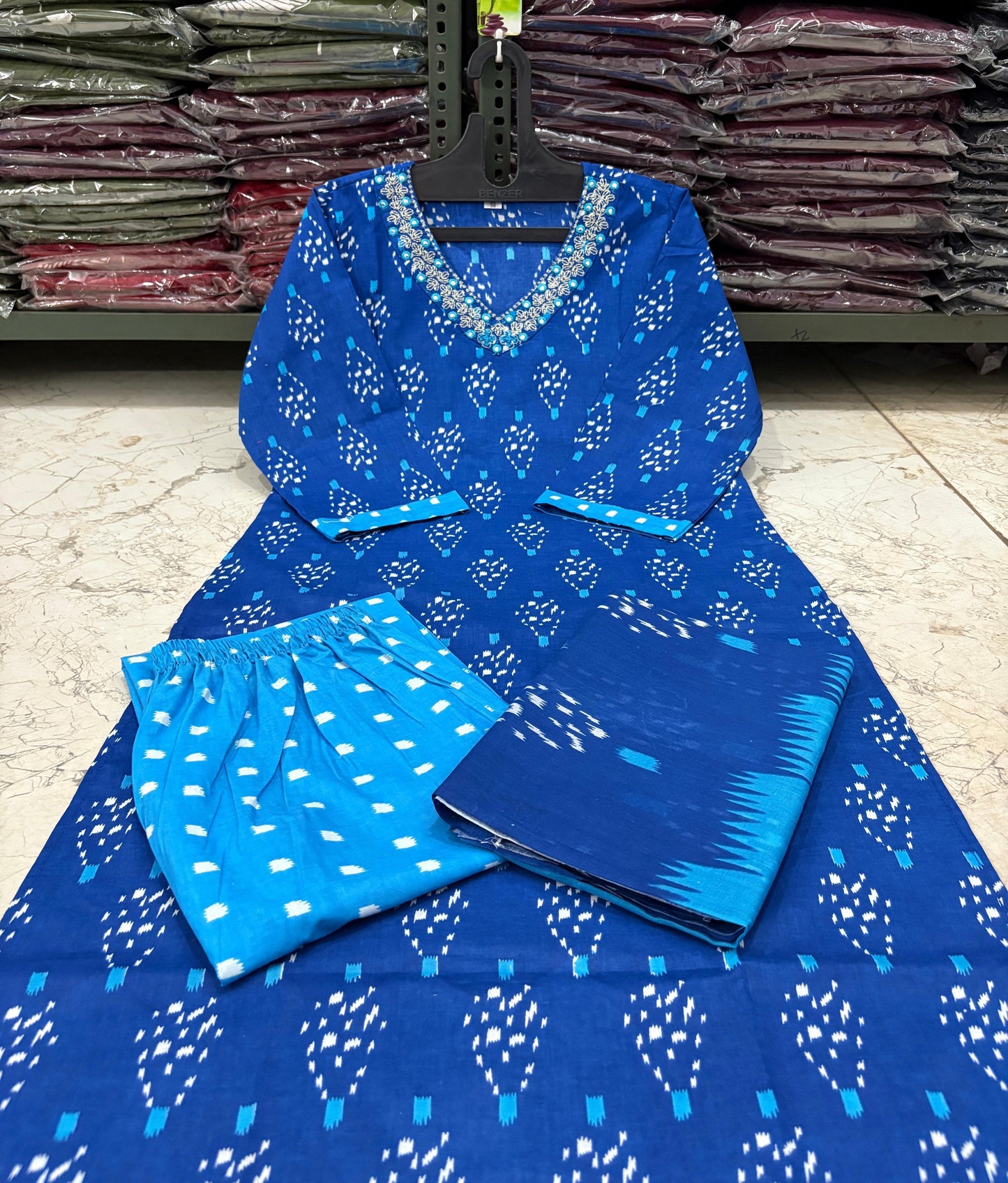 Cotton Printed Suit Set with Embroidered Neckline | 60x60 Cotton