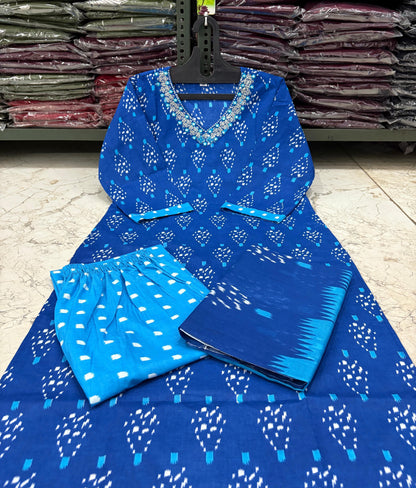 Cotton Printed Suit Set with Embroidered Neckline | 60x60 Cotton