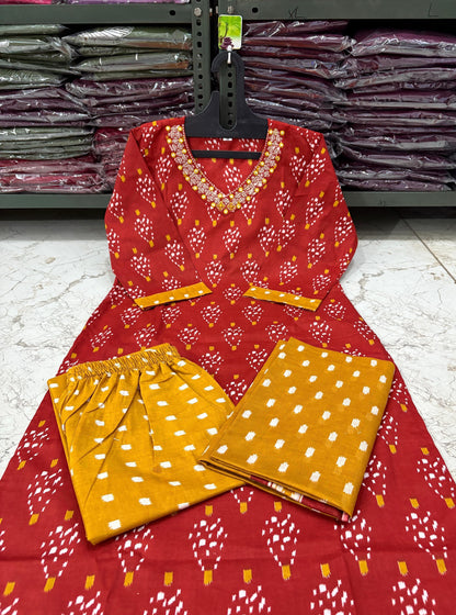 Cotton Printed Suit Set with Embroidered Neckline | 60x60 Cotton