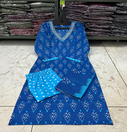 Cotton Printed Suit Set with Embroidered Neckline | 60x60 Cotton