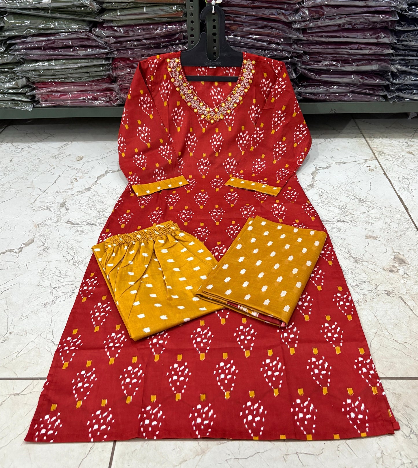 Cotton Printed Suit Set with Embroidered Neckline | 60x60 Cotton