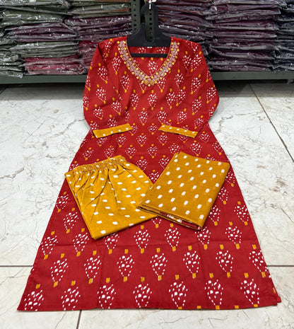 Cotton Printed Suit Set with Embroidered Neckline | 60x60 Cotton