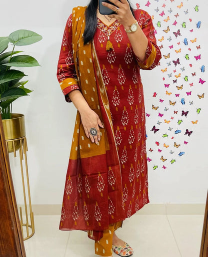 Cotton Printed Suit Set with Embroidered Neckline | 60x60 Cotton