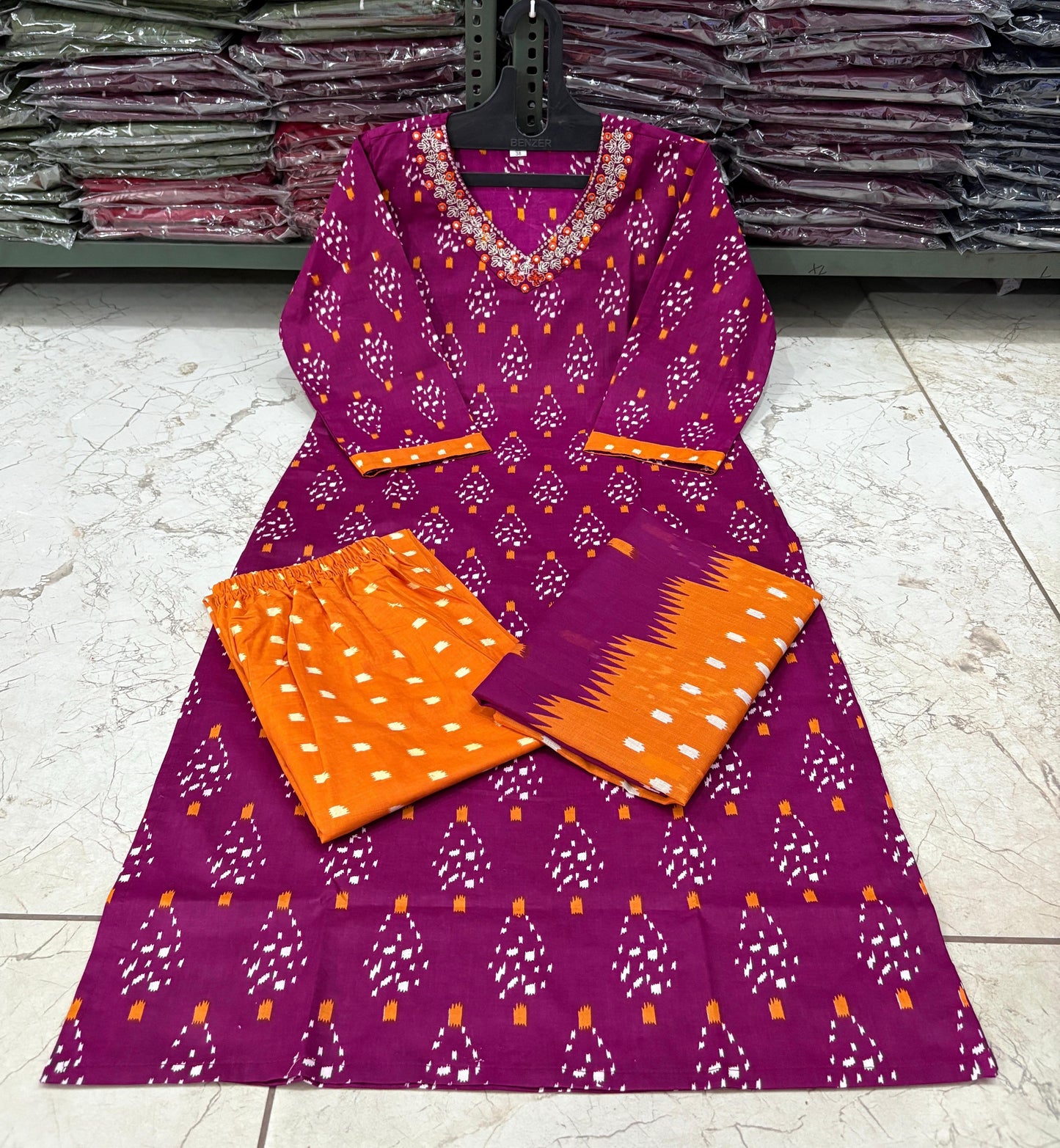 Cotton Printed Suit Set with Embroidered Neckline | 60x60 Cotton