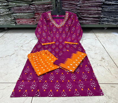 Cotton Printed Suit Set with Embroidered Neckline | 60x60 Cotton