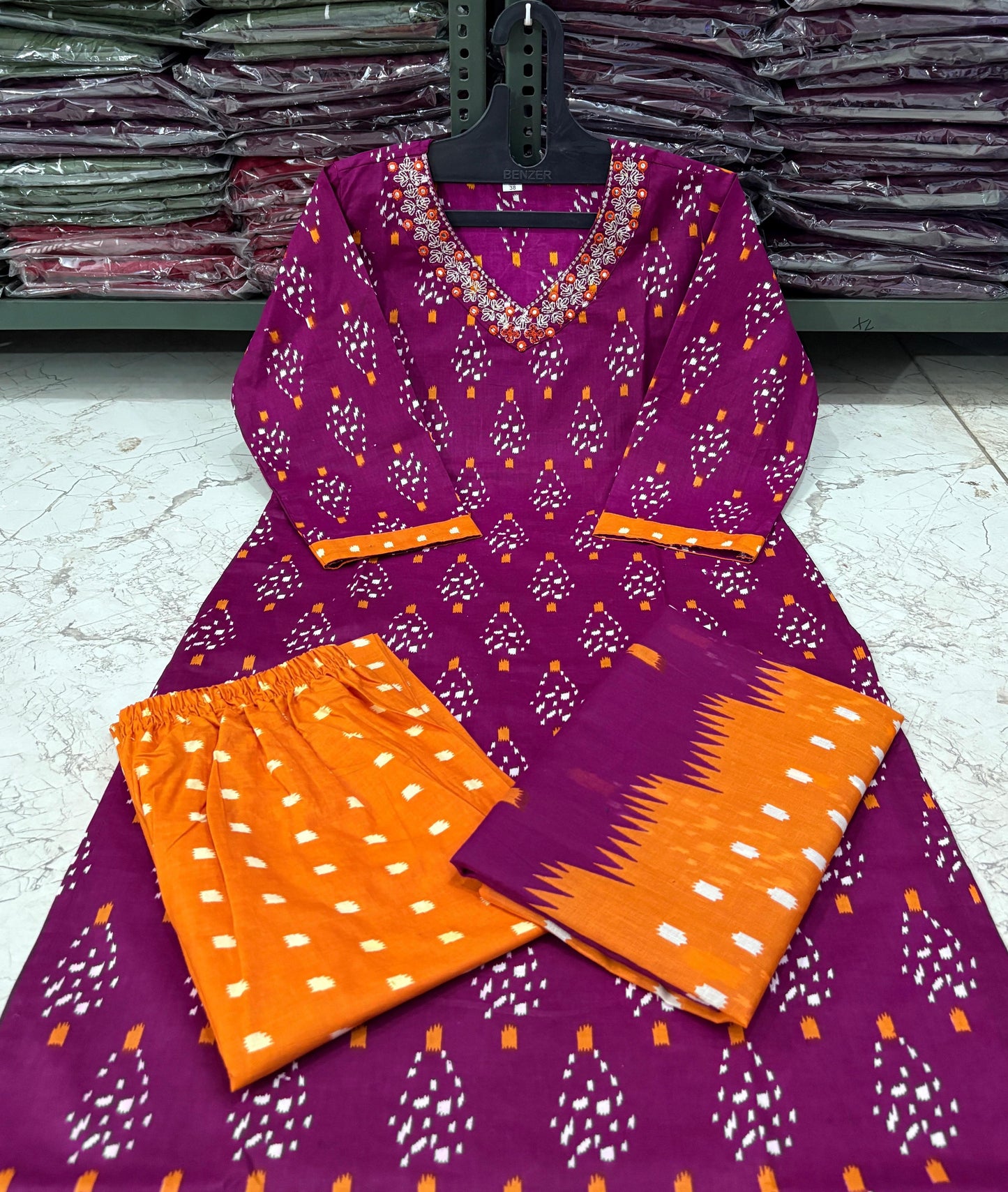 Cotton Printed Suit Set with Pant & Dupatta – Embroidered Neckline