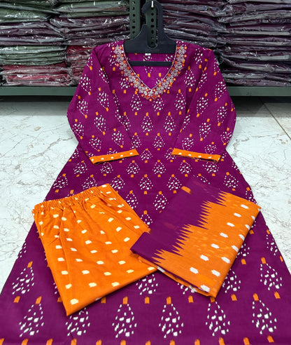 Cotton Printed Suit Set with Pant & Dupatta – Embroidered Neckline