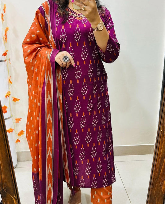 Cotton Printed Suit Set with Pant & Dupatta – Embroidered Neckline