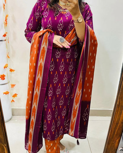 Cotton Printed Suit Set with Pant & Dupatta – Embroidered Neckline