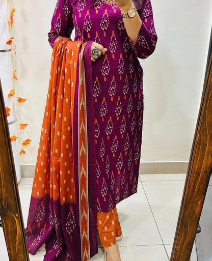 Cotton Printed Suit Set with Pant & Dupatta – Embroidered Neckline