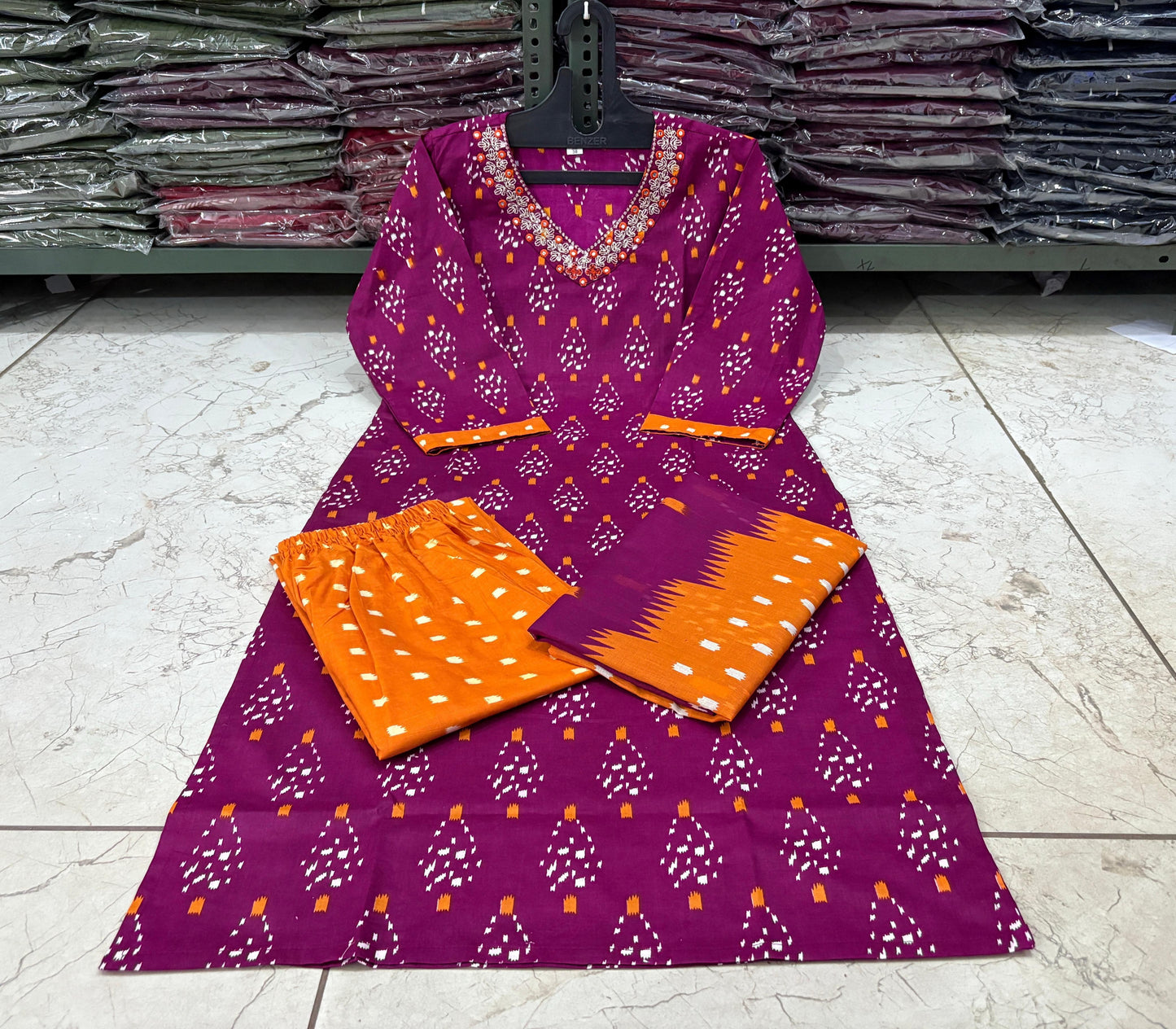 Cotton Printed Suit Set with Pant & Dupatta – Embroidered Neckline