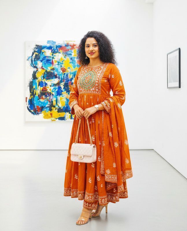 Cotton Rust Color Kurti Suit Set with Printed & Embroidery Work