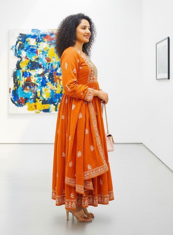 Cotton Rust Color Kurti Suit Set with Printed & Embroidery Work