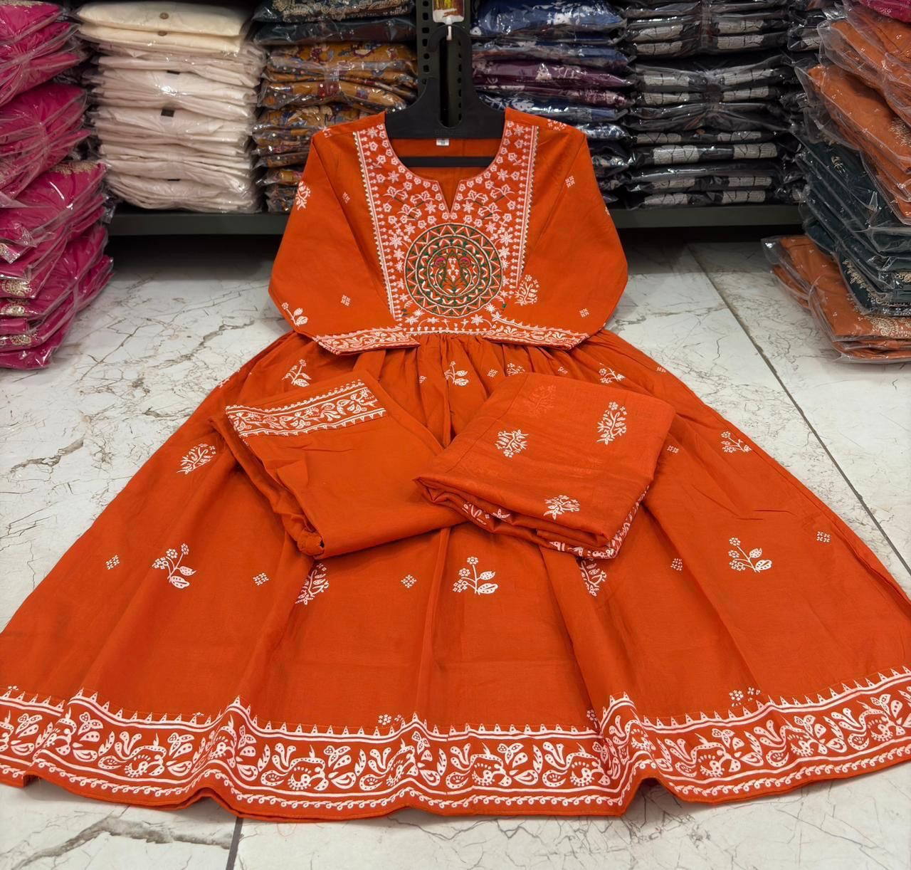 Cotton Rust Color Kurti Suit Set with Printed & Embroidery Work