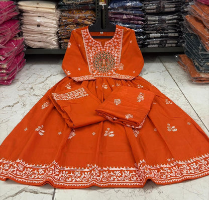 Cotton Rust Color Kurti Suit Set with Printed & Embroidery Work