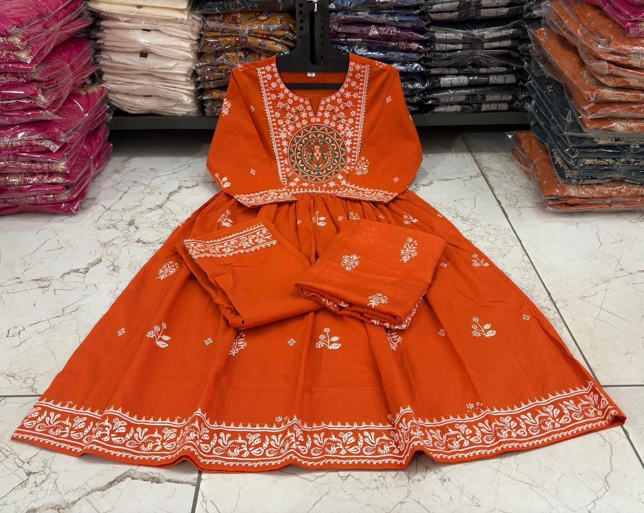 Cotton Rust Color Kurti Suit Set with Printed & Embroidery Work