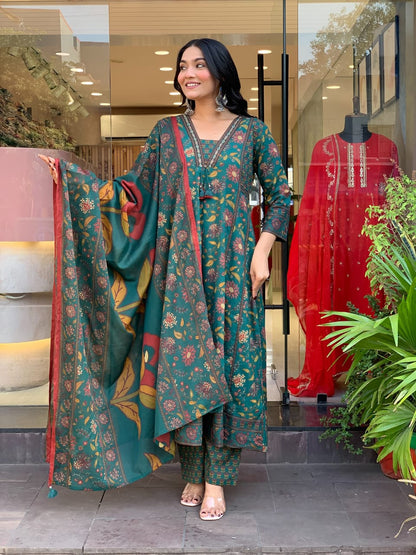 Cotton Sanganeri Print Anarkali Kurta Pant Dupatta Set with Dori Tassel Work