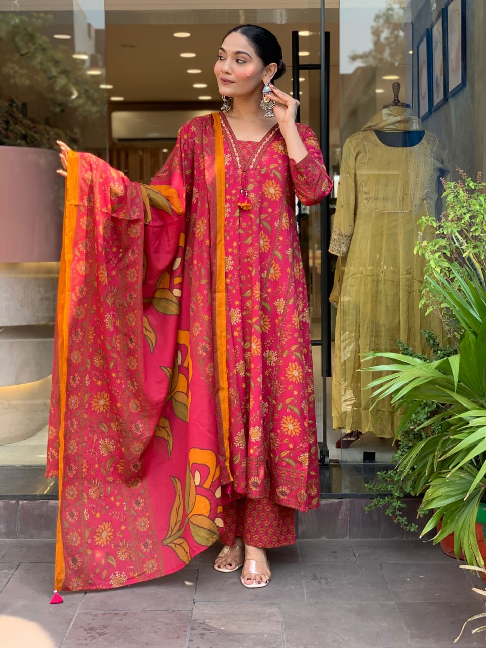 Cotton Sanganeri Print Anarkali Kurta Pant Dupatta Set with Dori Tassel Work