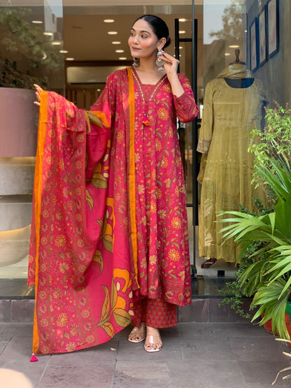 Cotton Sanganeri Print Anarkali Kurta Pant Dupatta Set with Dori Tassel Work