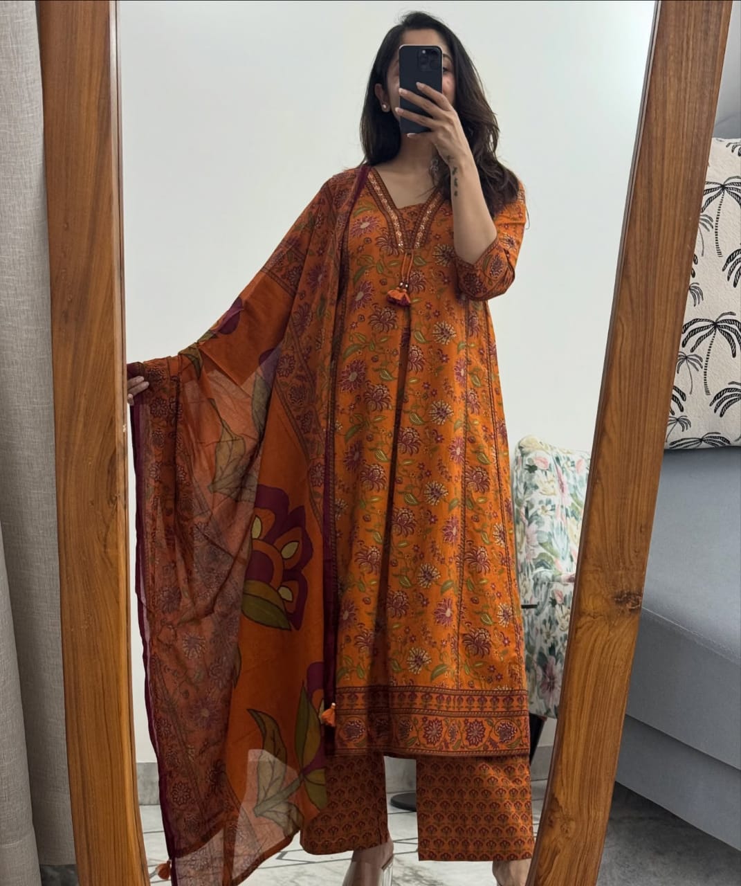 Cotton Sanganeri Print Anarkali Kurta Pant Dupatta Set with Dori Tassel Work