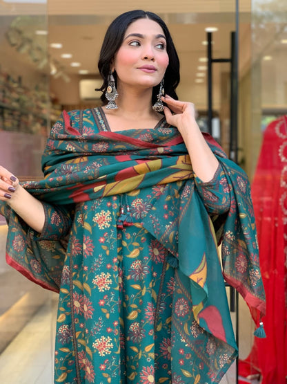 Cotton Sanganeri Print Anarkali Kurta Pant Dupatta Set with Dori Tassel Work