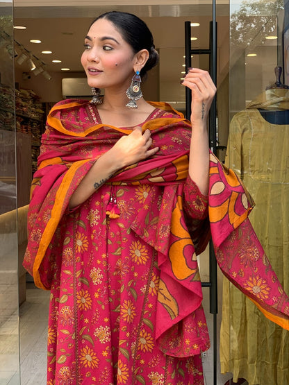 Cotton Sanganeri Print Anarkali Kurta Pant Dupatta Set with Dori Tassel Work