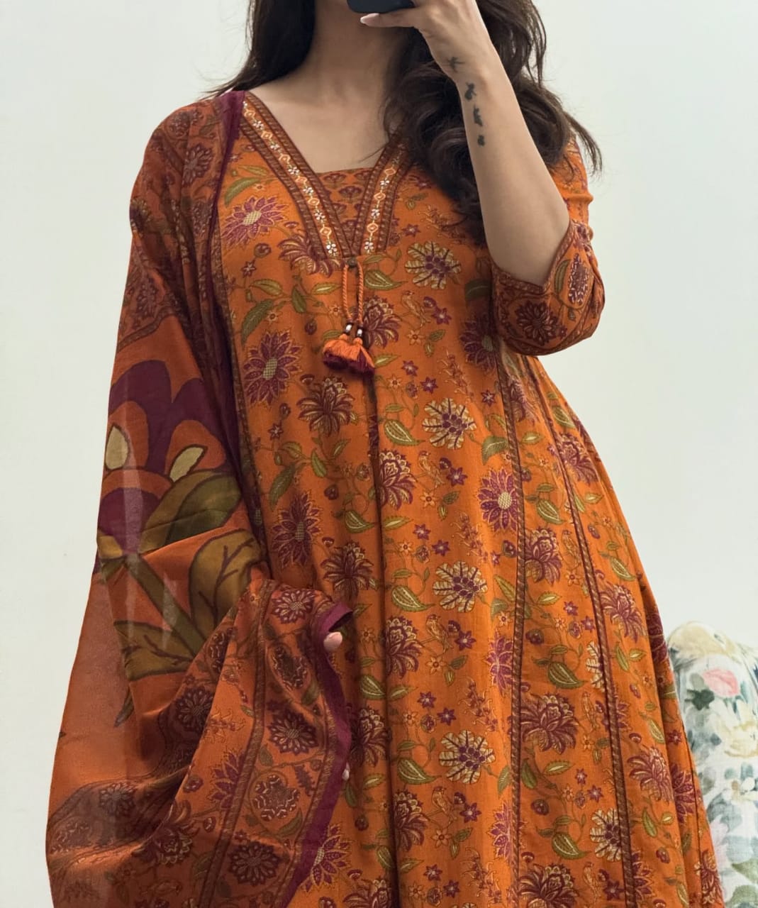 Cotton Sanganeri Print Anarkali Kurta Pant Dupatta Set with Dori Tassel Work