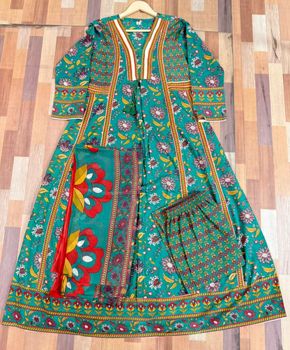 Cotton Sanganeri Print Anarkali Kurta Pant Dupatta Set with Dori Tassel Work