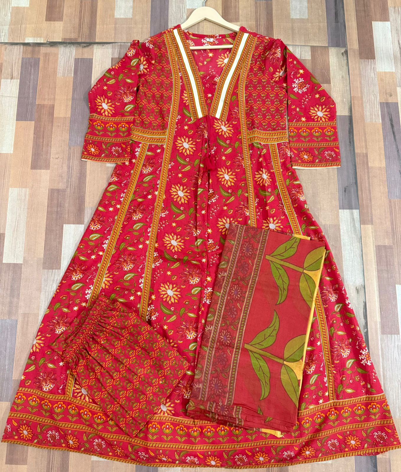 Cotton Sanganeri Print Anarkali Kurta Pant Dupatta Set with Dori Tassel Work