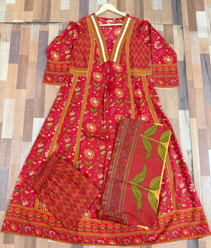 Cotton Sanganeri Print Anarkali Kurta Pant Dupatta Set with Dori Tassel Work