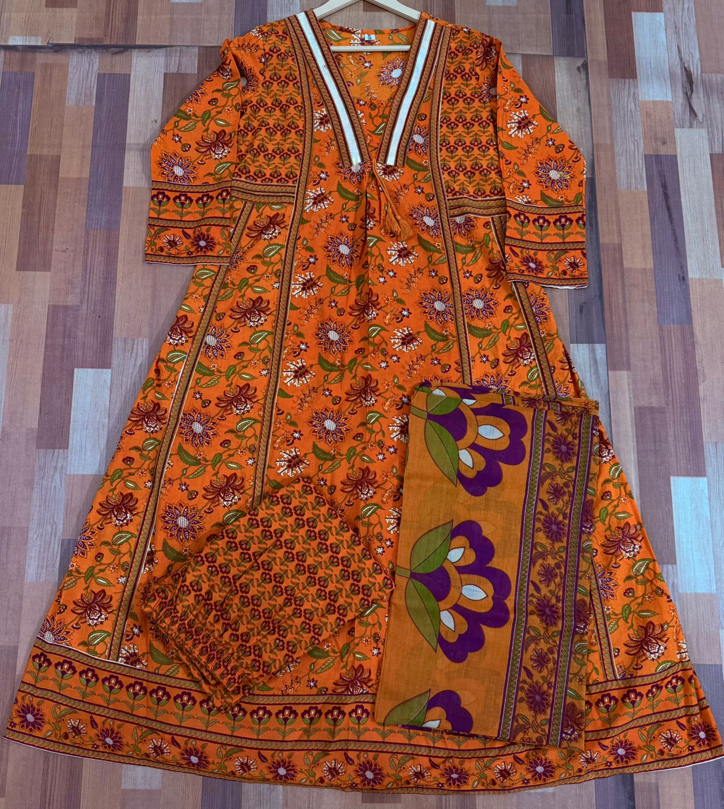 Cotton Sanganeri Print Anarkali Kurta Pant Dupatta Set with Dori Tassel Work