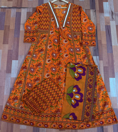 Cotton Sanganeri Print Anarkali Kurta Pant Dupatta Set with Dori Tassel Work