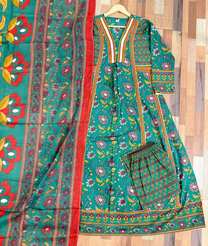 Cotton Sanganeri Print Anarkali Kurta Pant Dupatta Set with Dori Tassel Work