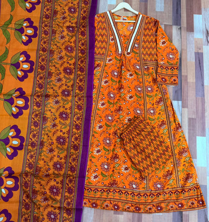 Cotton Sanganeri Print Anarkali Kurta Pant Dupatta Set with Dori Tassel Work