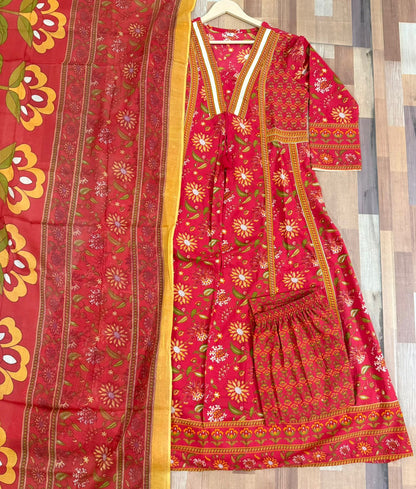Cotton Sanganeri Print Anarkali Kurta Pant Dupatta Set with Dori Tassel Work