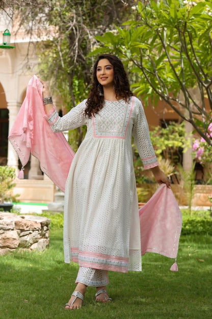 Cotton Schiffli Nyra Cut Kurti Set with Printed Pant & Dupatta