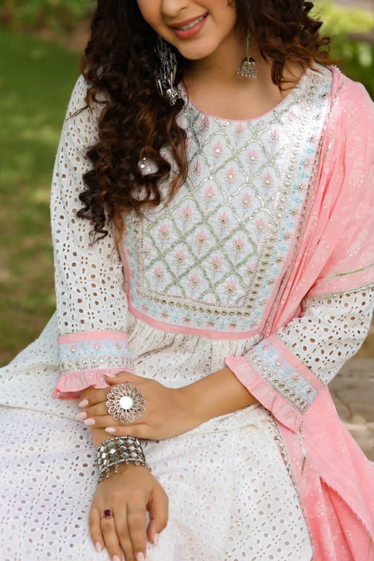Cotton Schiffli Nyra Cut Kurti Set with Printed Pant & Dupatta