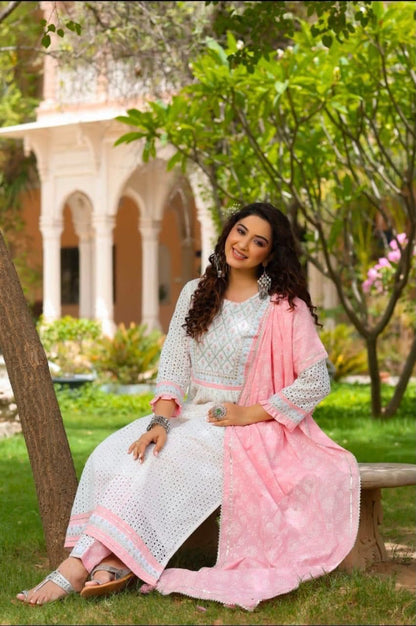 Cotton Schiffli Nyra Cut Kurti Set with Printed Pant & Dupatta
