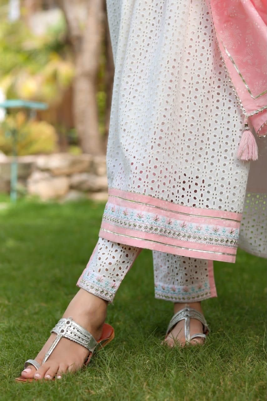 Cotton Schiffli Nyra Cut Kurti Set with Printed Pant & Dupatta