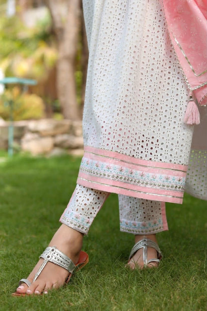 Cotton Schiffli Nyra Cut Kurti Set with Printed Pant & Dupatta