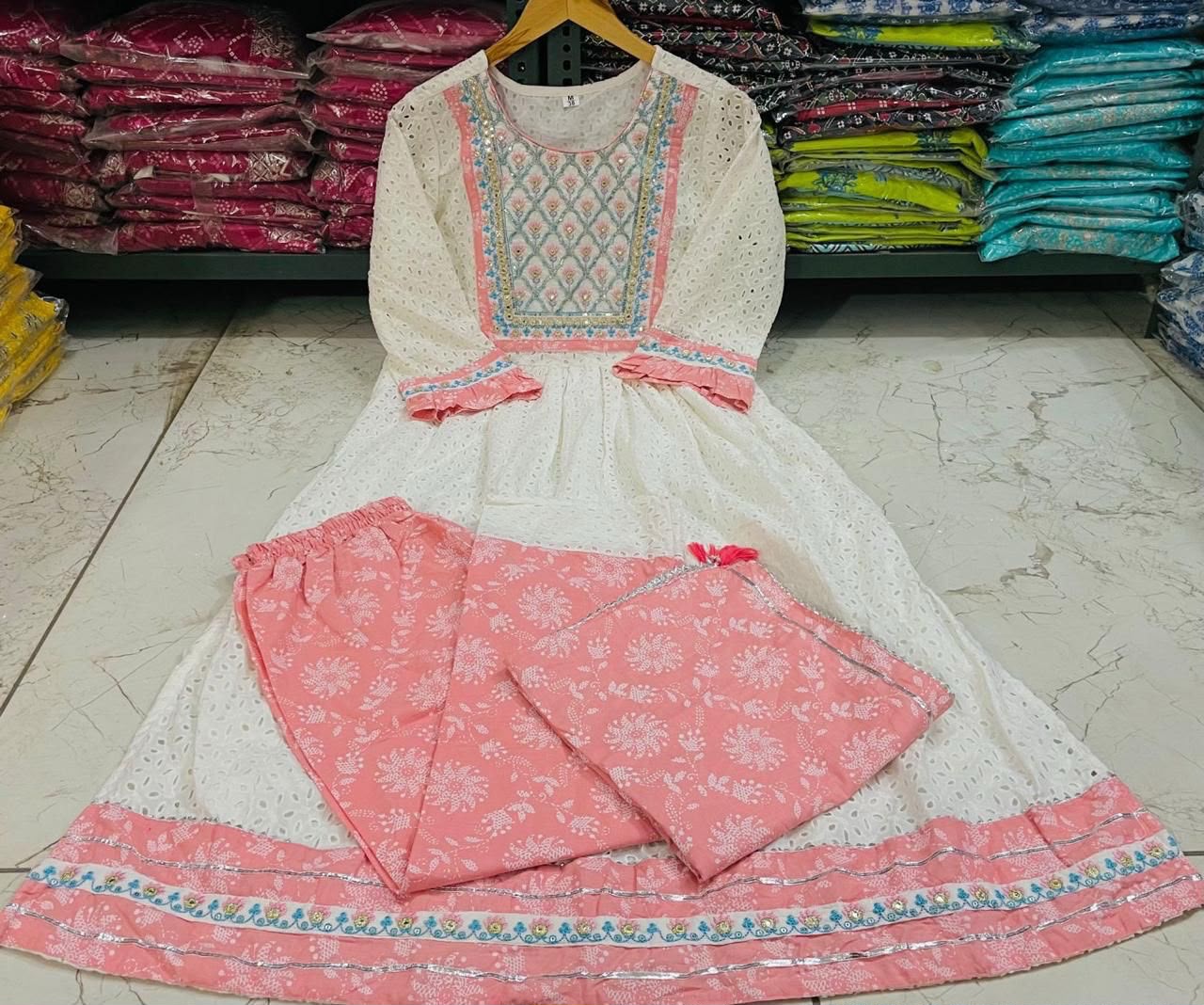 Cotton Schiffli Nyra Cut Kurti Set with Printed Pant & Dupatta