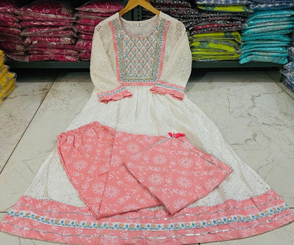Cotton Schiffli Nyra Cut Kurti Set with Printed Pant & Dupatta
