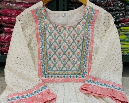 Cotton Schiffli Nyra Cut Kurti Set with Printed Pant & Dupatta