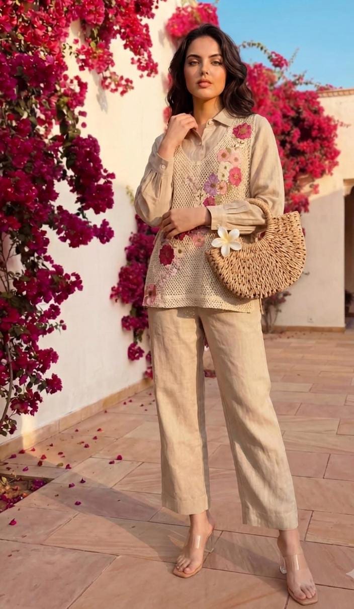 Cotton Shefali 3-Piece Co-ord Set with Floral Embroidery