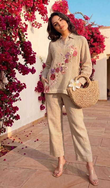 Cotton Shefali 3-Piece Co-ord Set with Floral Embroidery