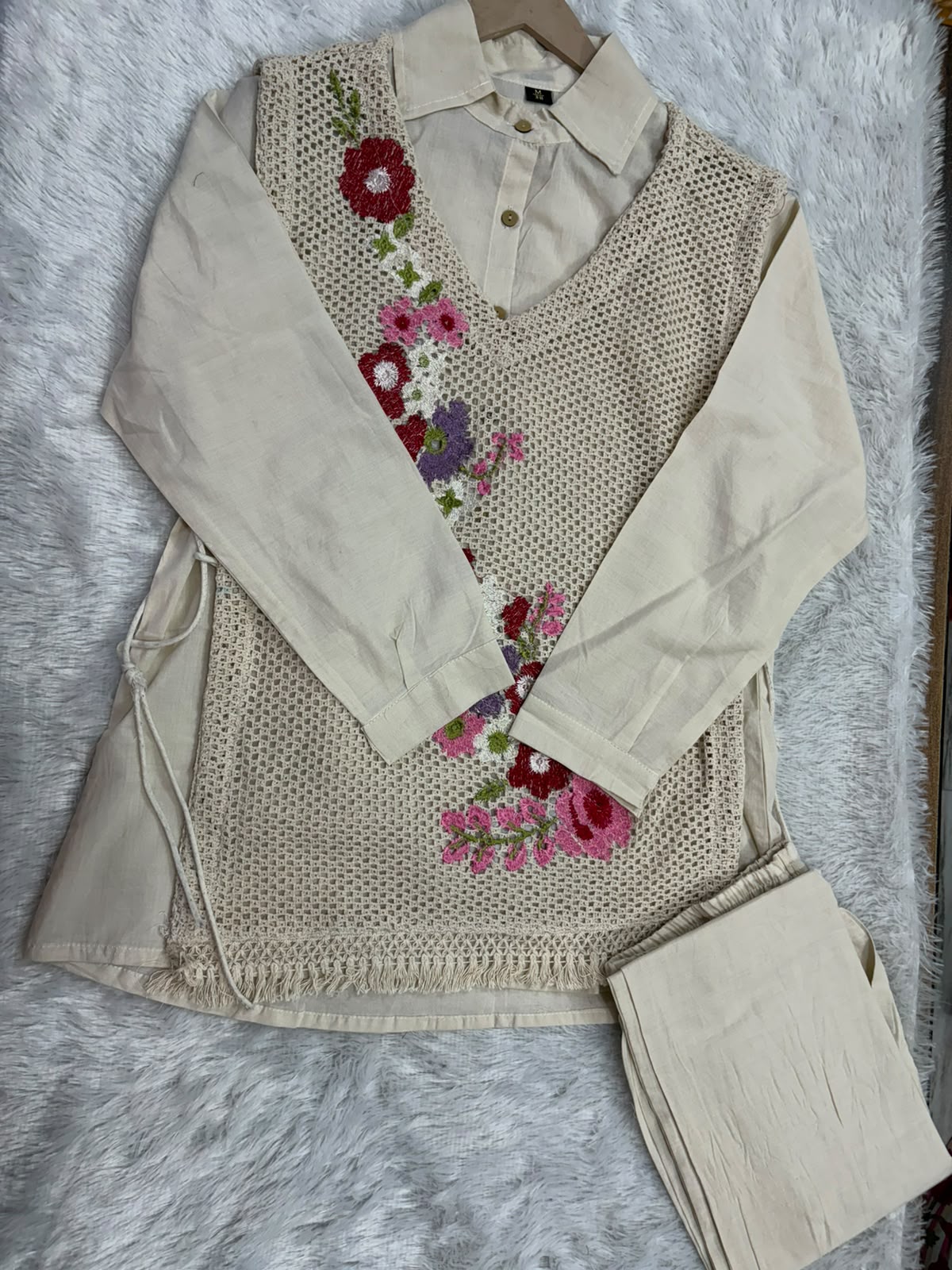 Cotton Shefali 3-Piece Co-ord Set with Floral Embroidery